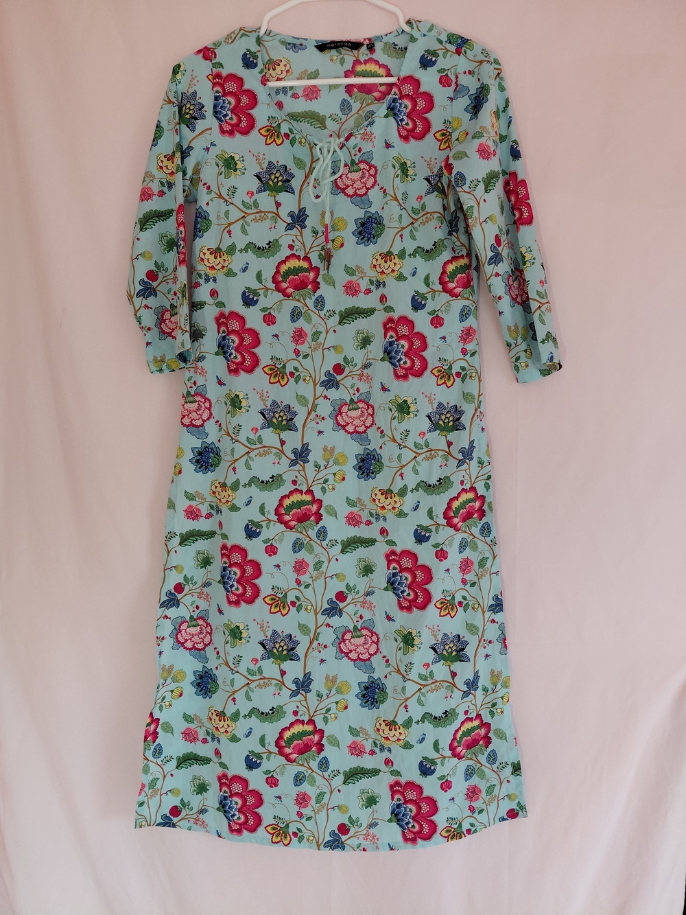 Melange Light Blue Floral Chanderi Style Kurt Dress Boho Tunic Midi Dress Sz Xs